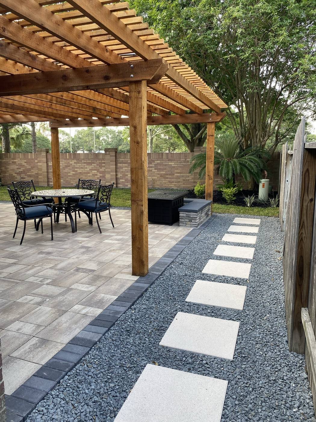 Cedar pergola and paver patio outdoor living project